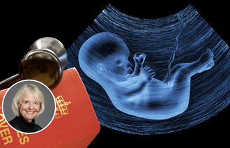 Bildet viser Norges lover, en hammer og et ultralydbilde av et foster.