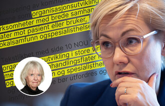Bildet viser en montasje av Ingvild Kjerkol og tekstutdrag fra mastergraden hennes.