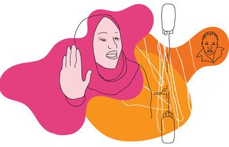 Illustrasjonen viser en afrikansk dame som sitter ved et dialyseapparat