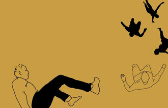 Illustrasjonen viser eldre mennesker som faller gjennom luften.