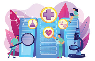 Illustrasjonen viser tre personer som står og sitter foran tre store datamaskiner. Den ene holder et forstørrelsesglass, den andre en skriveblokk og den tredje en laptop. Over den svirrer ulike symboler, som reagensrør, hjerte, helsesymbolet (kors)