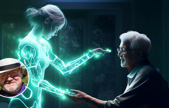 Bildet viser en vennlig robot som kommuniserer med en eldre mann