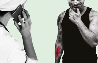 Bildet er en illustrasjon som viser en sykepleier og en person med rusavhengighet som har sår.