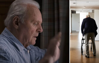 Bildet viser et utsnitt av skuespilleren Anthony Hopkins som er satt sammen med et bilde av mannlige sykehjemsbeboer som bruker prekestol.