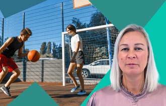 Bilde viser ungdom som spiller basket og sykepleier Inger Elena Morsund