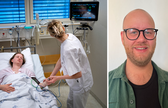 Bildet er todelt og viser på den ene siden en sykepleier på sengepost sammen med en pasient - mens andre del av bildet viser forsker og sykepleier Vegard Andreas Jacobsen 