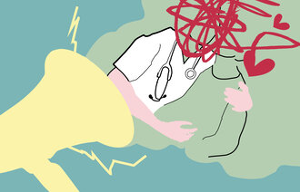 Bildet viser en tegnet illustrasjon, ut av en ropert kommer en lege og pasient