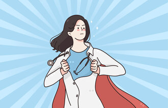 Illustrasjonen viser en sykepleier som supermann.