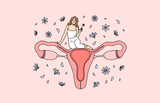 Illustrasjonen viser en kvinne som sitter oppå en livmor.