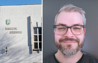 Bilde viser Bærum rådhus og David Ellinggard