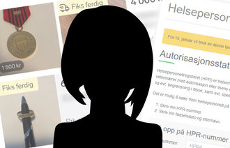 Bildet viser en siluett av et hode, en skjermdump av finn-annonser og helsepersonellregisteret.