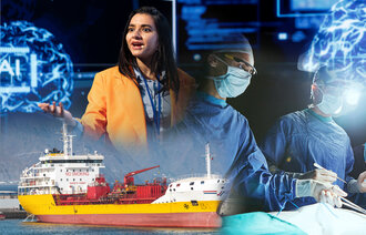 Bildet viser en montasje av et skip, legespesialister og en som jobber med kunstig intelligens.