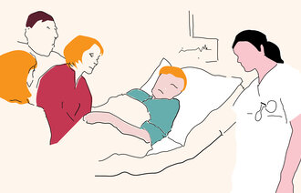 Bildet viser en døende person som ligger i sykesengen med familien og helsepersonell rundt seg