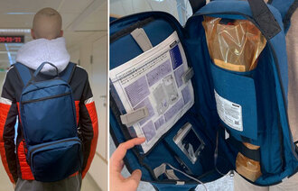 The first photo shows a young man seen from behind with a backpack on. At the second photo the backpack can be seen open, containing home-based chemotherapy equipment.