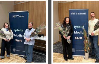 Bildet viser (Fra v.:) Fylkesleder i Troms Linda Therese Norrie og nestleder Randi Rudi . Fylkesleder i Finnmark Åshild Østlyngen og nestleder Jonas Eidsaune Melby. 