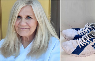 Bildet viser sykepleier Ingrid Neverdahl og sko med Davidsstjernen.