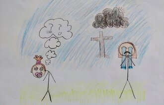 Illustrasjonen viser en barnetegning med sorg som tema