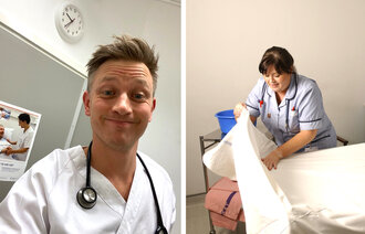 Bildet viser Nils Christian Karlsen til venstre og illustrasjonsbilde fra sykehus til høyre.