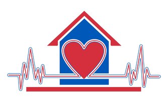 Illustrasjonen viser et hus med et hjerte foran + EKG-hjerteslag 