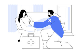 Illustrasjonen viser en pasient hjemme i senga. En sykepleier ligger på kne foran senga med en sykekoffert ved siden av seg