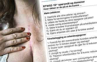 Bildemontasjen viser brystet til en dame som er hjerteoperert. Et langt arr vises. Til høyre i bildet er spørreskjemaet RWTSE-19