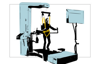 Illustrasjonen viser en person som driver med robotassistert gangtrening ved hjelp av en slags tredemølle