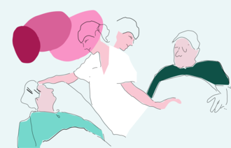 Bildet viser en illustrasjon av en sykepleier som må prioritere mellom to pasienter