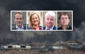 Bildet viser fire eksperter og et krigsbilde fra Iran.