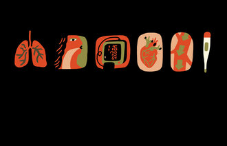 Illustrasjonen viser lunger, oksygen, blodtrykk, hjerte, bevissthetsnivå og temperatur.