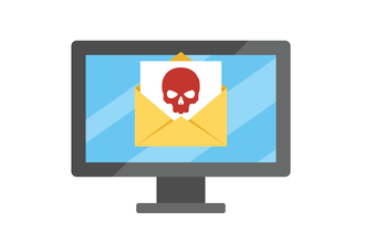 Illustrasjonen viser en PC-skjern med en konvolutt på, der et brev stikker opp med et dødninghode på.