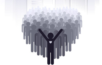 en illustrasjon bestående av mange mennesker som utgjør et hjerte med ett menneske i front