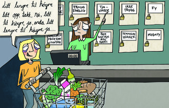 Illustrasjonen viser en kvinne med handlevogn som dirigerer en kassadame som står foran en vegg med skap det står ting som tja-varer og ikke trygg.