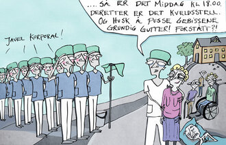 Illustrasjonen viser en pleier med en gammel dame i rullestol som gir ordre til en hær av andre pleiere.