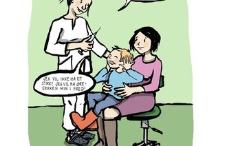 Tegning av en sykepleier som skal gi influensavaksine til en liten gutt