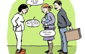 Tegning av jordmor som tar avskjed med nybakte foreldre som skal hjem fra sykehuset