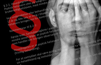 Collage som viser bilde av en mann som holder seg for ansiktet. Bildet viser også lovtekst og paragraf