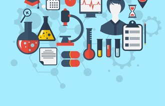 Illustrasjonen viser en sykepleier med ulike forskningselaterte ikoner.