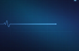 EKG-monitor med en rett strek som symboliserer ingen hjerteaktivitet, med blå bakgrunn og et hjertesymbol oppe til høyre med et kryss over.