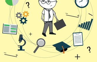 Illustrasjon av en forsker med tall, reagensrør, tannhjul, mikroskop m.m. som svever i ring rundt ham