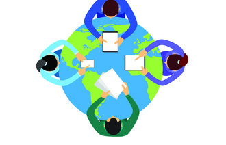 Illustrasjonen viser fire mennesker som sitter rundt en jordklode, sett ovenfra. De har papirer foran seg og samarbeider.