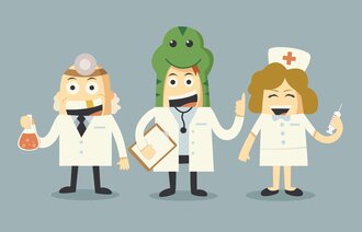 Illustrasjon av et team av to leger og en sykepleier