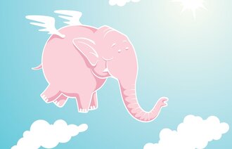 Illustrasjon av rosa elefant omgitt av skyer