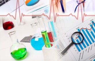 Collage av grafer laboratorieapparater med en ung sykepleier