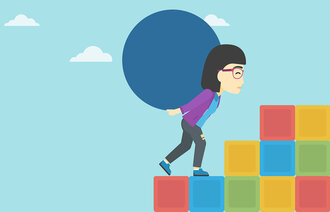 Illustrasjonen viser en kvinne som bærer en stein på ryggen opp en trapp