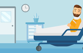 Tegningen viser en mann i en sykehusseng.