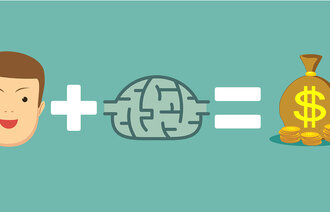Illustrasjonen viser regnestykket: et ansikt + en hjerne = en pengesekk