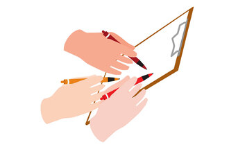 Illustrasjonen viser hender med ulik hudfarge som skriver i en journal.