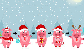 Tegninger av fem små julegriser på rekke og rad