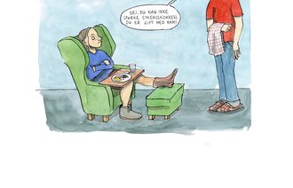 Illustrasjonen viser en dame med skadet fot som sitter i en lenestol med et matbrett på fanget. Mannen står foran henne og sier: "Nei, du kan ikke sparke sykehuskokken, du er gift med ham."