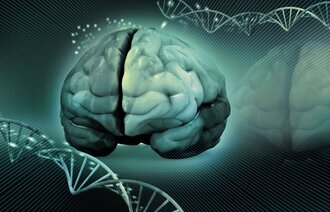 Bildet viser en illustrasjon av en hjerne og dna